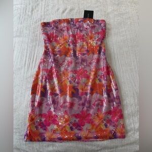 Strapless Sequin Floral Mini Dress - Pink Multi